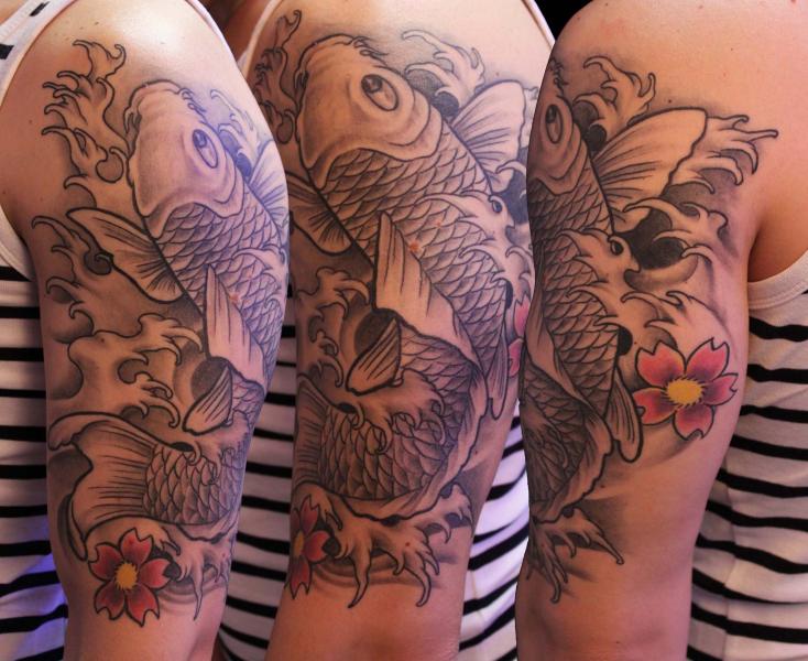 Tatouage carpe, Fleur de cerisier, Koï