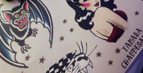 Planche de flashs de tatouage old school avec pin-up et motifs traditionnels américains, dessinée par Tamara Chaudesaigues chez Graphicaderme, studio de tatouage à Avignon