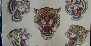 Planche de flashs de tigres en tatouage traditionnel Old School créée par Tamara Chaudesaigues au studio Graphicaderme Avignon.