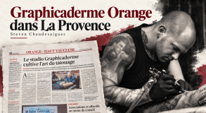 Graphicaderme Orange dans La Provence — Steven Chaudesaigues Montage de Steven Chaudesaigues tatouant et de l’article de La Provence consacré à Graphicaderme Orange.