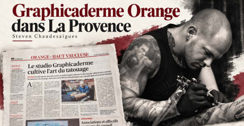 Montage de Steven Chaudesaigues tatouant et de l’article de La Provence consacré à Graphicaderme Orange.