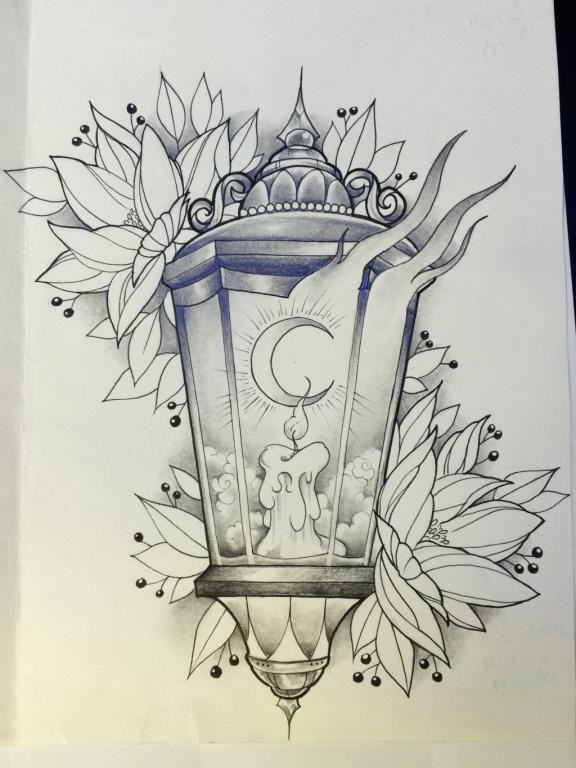 dessin tatouage tattoo lanterne fleurs