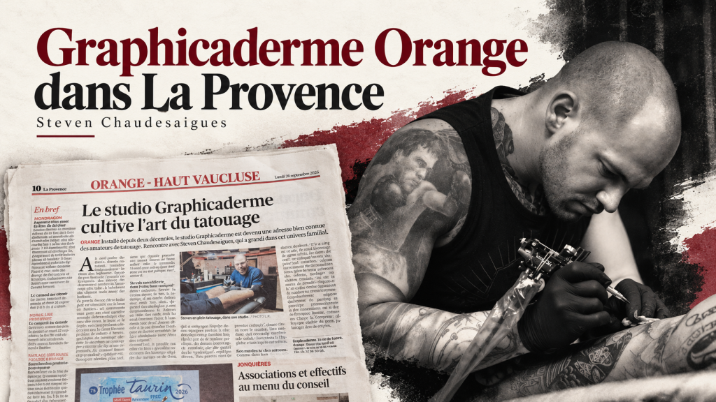 Montage de Steven Chaudesaigues tatouant et de l’article de La Provence consacré à Graphicaderme Orange.