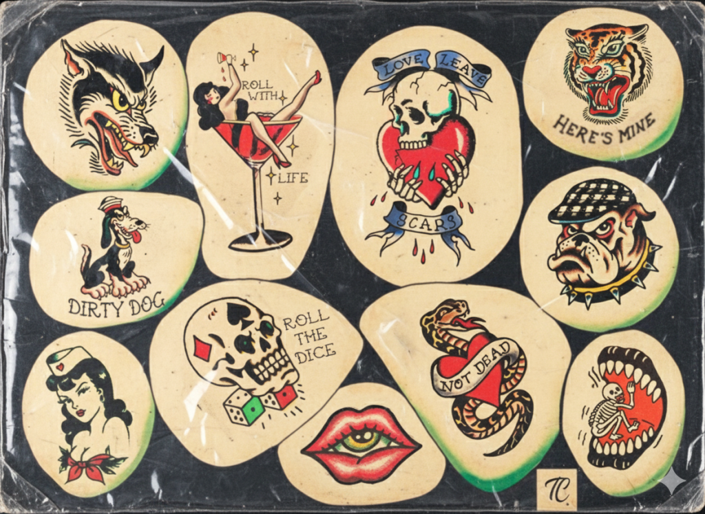 Planche de flashs traditionnels disponibles au Graphicaderme Avignon par Tamara Chaudesaigues.