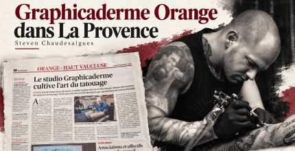 Montage de Steven Chaudesaigues tatouant et de l’article de La Provence consacré à Graphicaderme Orange.