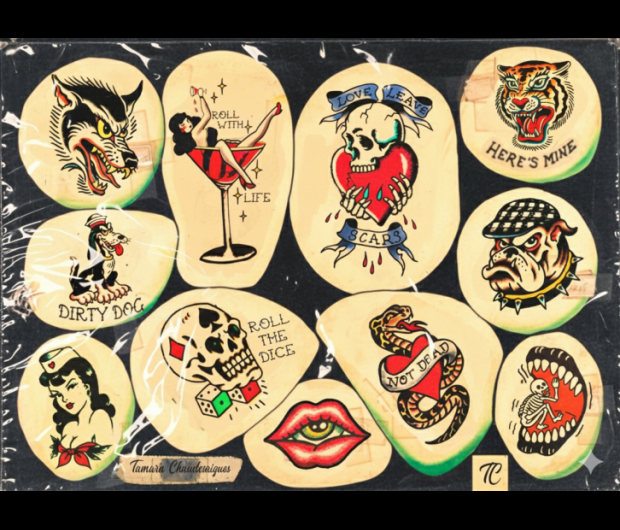 Planche de flashs traditionnels disponibles au Graphicaderme Avignon, créations originales de Tamara Chaudesaigues.