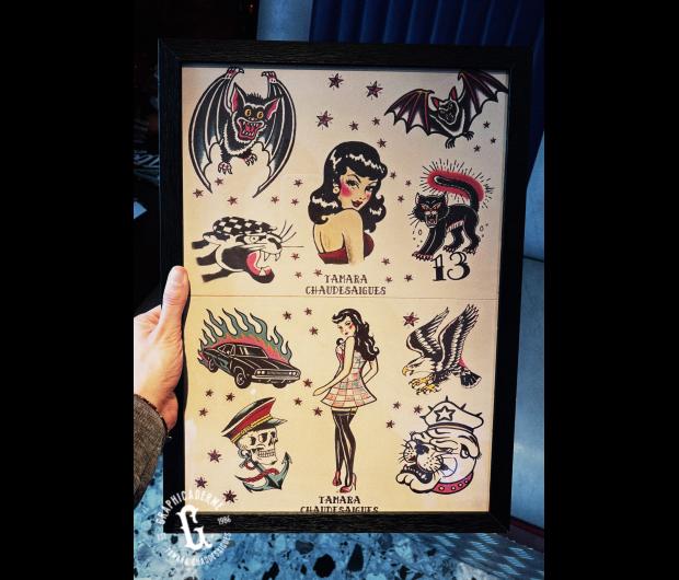 Planche de flashs de tatouage old school avec pin-up et motifs traditionnels américains, dessinée par Tamara Chaudesaigues chez Graphicaderme, studio de tatouage à Avignon